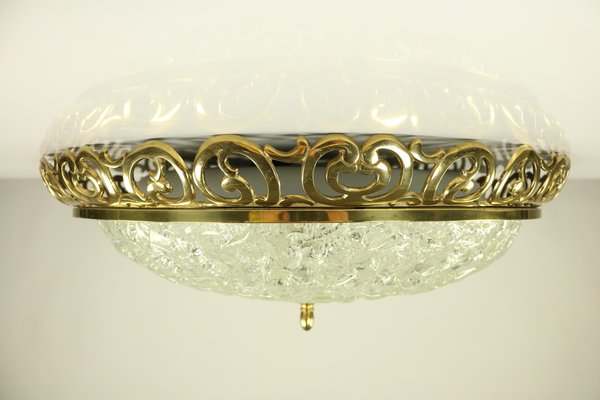 Mid-Century Art Nouveau Style Glass & Brass Flush Mount Ceiling Lamp from Kaiser Leuchten-FUP-879105