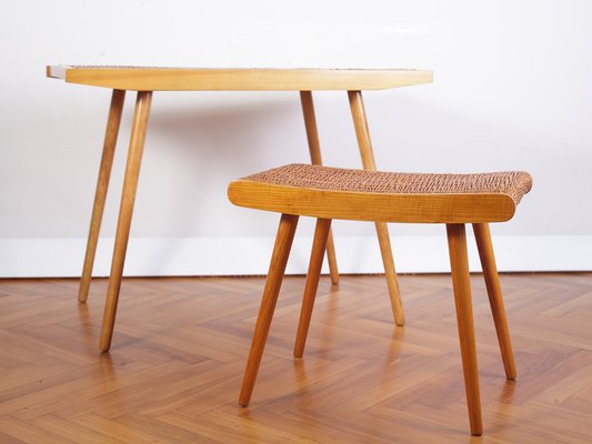 Mid-Century Ash and Wickerwork Side Table and Stool from Uluv, 1960s, Set of 2-IND-1328350