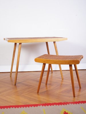 Mid-Century Ash and Wickerwork Side Table and Stool from Uluv, 1960s, Set of 2-IND-1328350