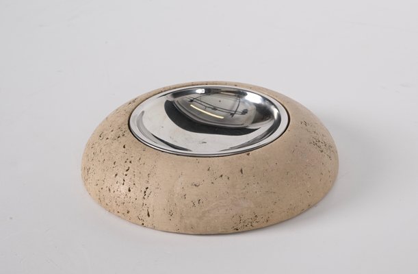 Mid-Century Ashtray in Travertine, Marble and Steel from Mannelli, Italy, 1970s-JDR-1328683