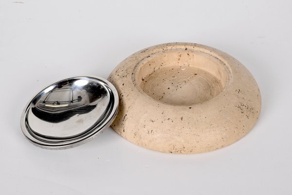 Mid-Century Ashtray in Travertine, Marble and Steel from Mannelli, Italy, 1970s-JDR-1328683