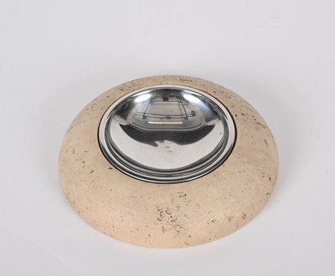 Mid-Century Ashtray in Travertine, Marble and Steel from Mannelli, Italy, 1970s-JDR-1328683