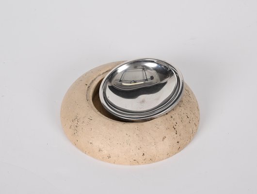 Mid-Century Ashtray in Travertine, Marble and Steel from Mannelli, Italy, 1970s-JDR-1328683