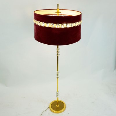 Mid-Century Austrian Brass and Crystal Glass Floor Lamp with Red Velvet Shade-MH-809190