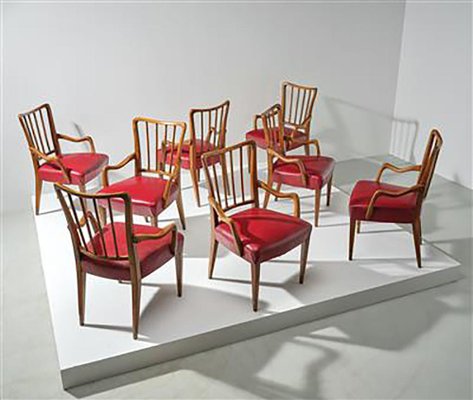 Mid-Century Austrian Walnut and Red Leather Dining Armchairs by Oswald Haerdtl, Set of 8-MH-1181703