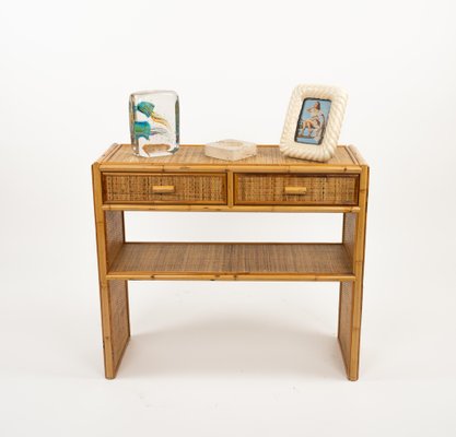 Mid-Century Bamboo and Rattan Console Table with Drawers, 1970s-LYQ-1791989