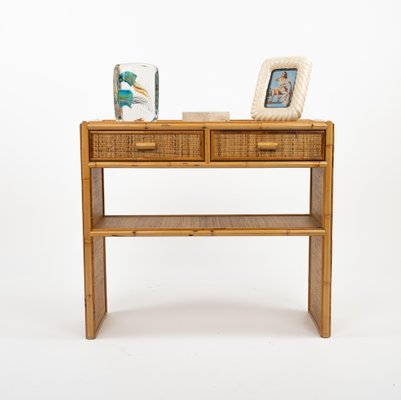 Mid-Century Bamboo and Rattan Console Table with Drawers, 1970s-LYQ-1791989