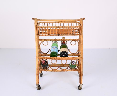 Mid-Century Bamboo and Rattan Service Service Table with Bottle Holder, 1960s-JDR-1357679