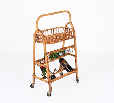 Mid-Century Bamboo and Rattan Service Service Table with Bottle Holder, 1960s-JDR-1357679