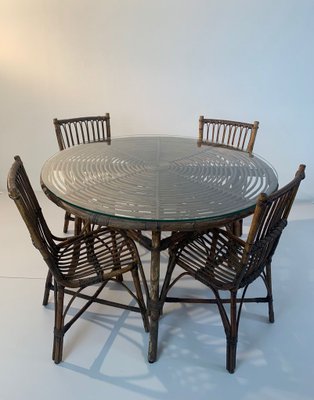 Mid-Century Bamboo Dining Table & Chairs Set, Set of 5-KCF-864150