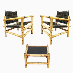 Mid-Century Bamboo Safari Armchairs & Coffee Table, Set of 3-BW-853898