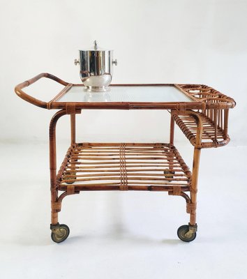 Mid Century Bar Cart in Bamboo and Rattan, Italy, 1950s-FO-1274081