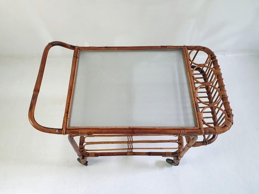 Mid Century Bar Cart in Bamboo and Rattan, Italy, 1950s-FO-1274081