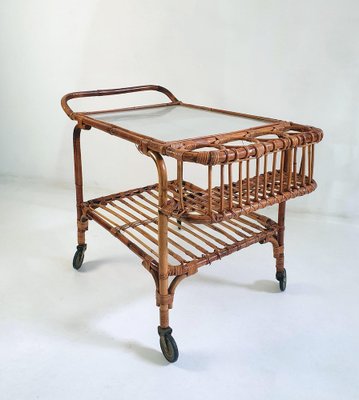 Mid Century Bar Cart in Bamboo and Rattan, Italy, 1950s-FO-1274081