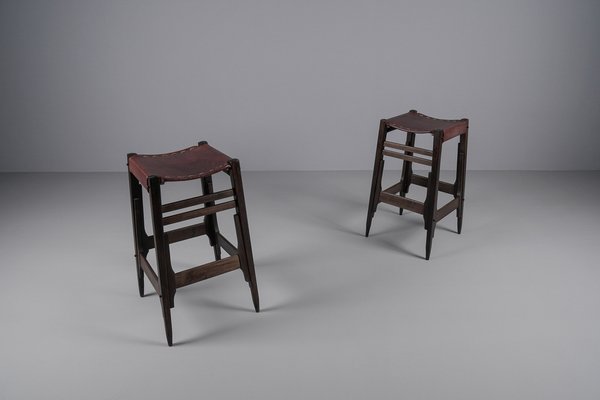 Mid-Century Bar Stools in Wood and Leather by Werner Biermann for Arte Sano, Set of 2-KQB-1750265