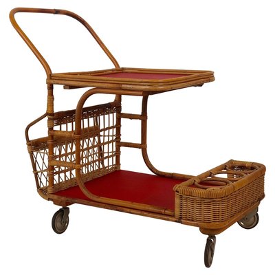 Mid-Century Bar Wagon in Wicker with Red Shelves, 1950s-BAF-763396