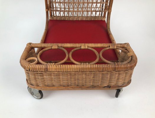 Mid-Century Bar Wagon in Wicker with Red Shelves, 1950s-BAF-763396