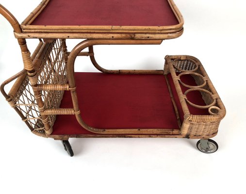 Mid-Century Bar Wagon in Wicker with Red Shelves, 1950s-BAF-763396