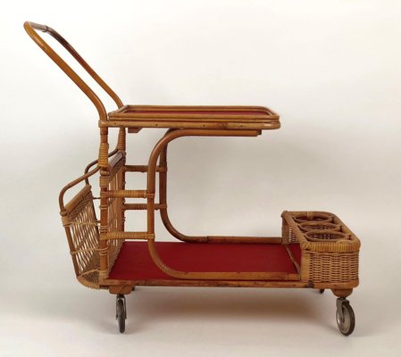 Mid-Century Bar Wagon in Wicker with Red Shelves, 1950s-BAF-763396