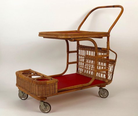 Mid-Century Bar Wagon in Wicker with Red Shelves, 1950s-BAF-763396