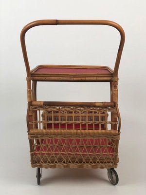 Mid-Century Bar Wagon in Wicker with Red Shelves, 1950s-BAF-763396