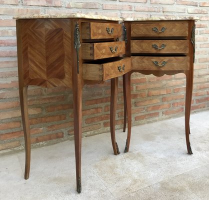 Mid-Century Bedside Tables in French Walnut With Marquetry & Marble Top, Set of 2-NOU-1344954