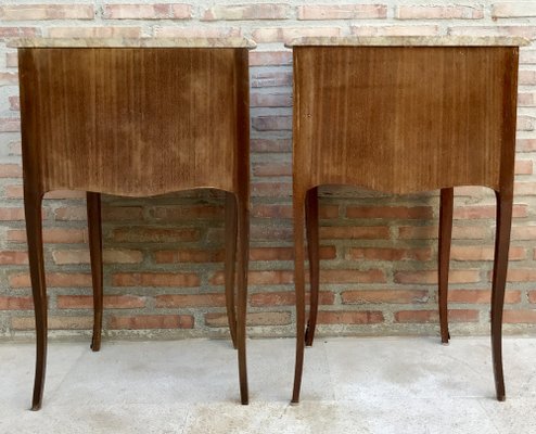 Mid-Century Bedside Tables in French Walnut With Marquetry & Marble Top, Set of 2-NOU-1344954