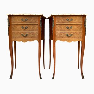 Mid-Century Bedside Tables in French Walnut With Marquetry & Marble Top, Set of 2-NOU-1344954