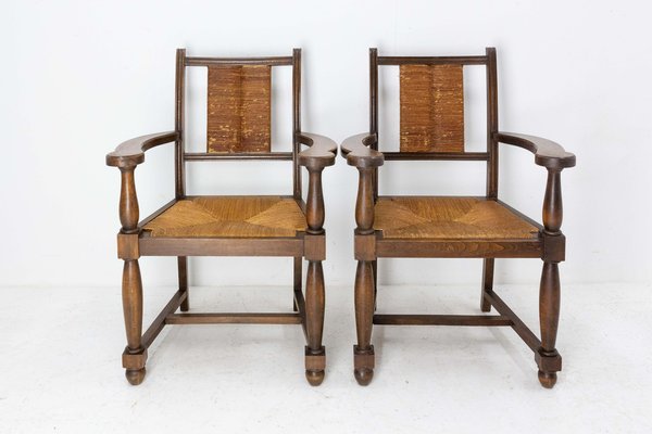 Mid-Century Beech and Straw Armchairs, France, 1940, Set of 2-RIU-1329331