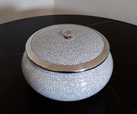 Mid-Century Beige & Blue Patterned Ceramic Lidded Box with Silver-Plated Metal Details by Wächtersbach for WMF, 1950s-HOI-1396796