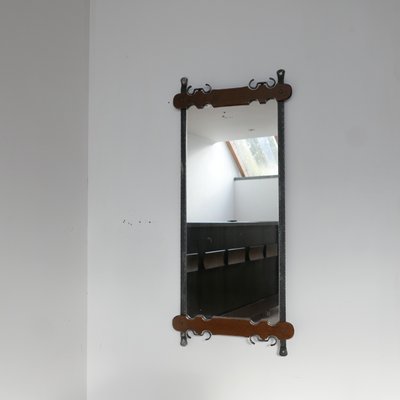 Mid-Century Belgian Brutalist Iron & Wood Mirror-JRP-906051