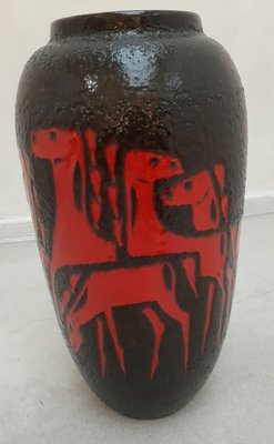 Mid-Century Black Floor Vase with Abstract Red Horses from Scheurich-HPX-745407