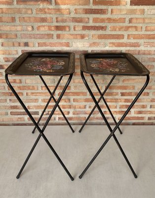 Mid-Century Black Metal Serving Trays on Folding Stand from CrestLine, 1960s, Set of 2-NOU-836871