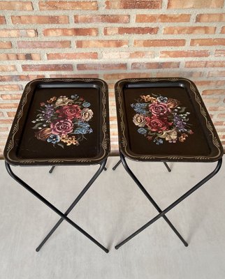 Mid-Century Black Metal Serving Trays on Folding Stand from CrestLine, 1960s, Set of 2-NOU-836871