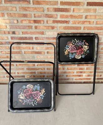 Mid-Century Black Metal Serving Trays on Folding Stand from CrestLine, 1960s, Set of 2-NOU-836871