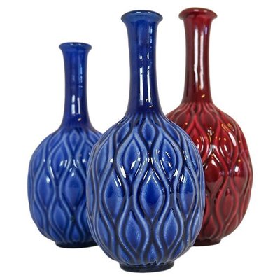 Mid-Century Blue and Red Peacock Vases by Sven Erik Skawonius for Upsala Ekeby, 1950s, Set of 3-UYK-1274350