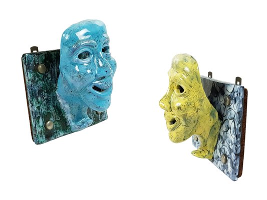 Mid-Century Blue and Yellow Ceramic Mask Wall Racks, 1950s, Set of 2-RD-2041982