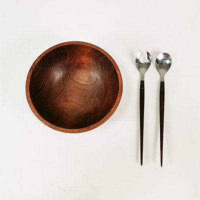 Mid-Century Bowl and Salad Spoons in Teak, 1960s, Set of 3-ZTG-1814413