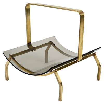 Mid-Century Brass and Smoked Glass Magazine Rack from Fontana Arte, Italy, 1960s-JDR-1195160