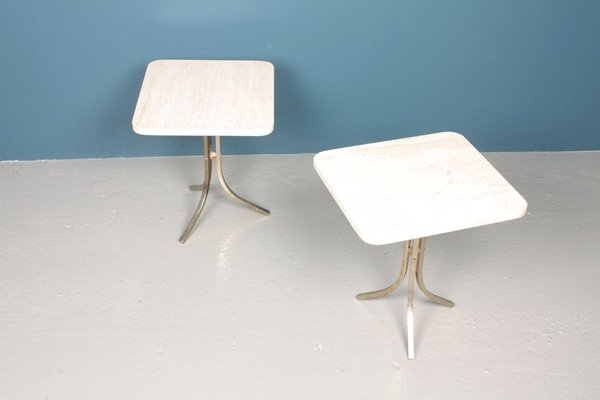 Mid-Century Brass and Travertine Side Tables, 1950s, Set of 2-FK-736957