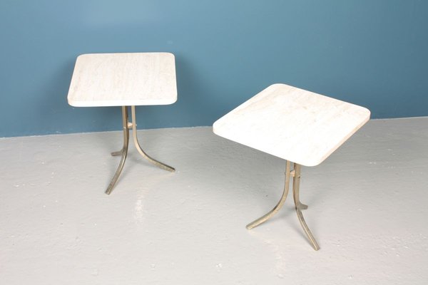 Mid-Century Brass and Travertine Side Tables, 1950s, Set of 2-FK-736957