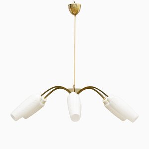 Mid-Century Brass and White Glass Screens 6-Arm Rod Pendant Lamp-DUM-1155196