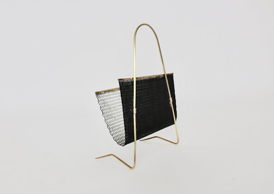 Mid-Century Brass Black Magazine Rack, 1950s-NB-687726