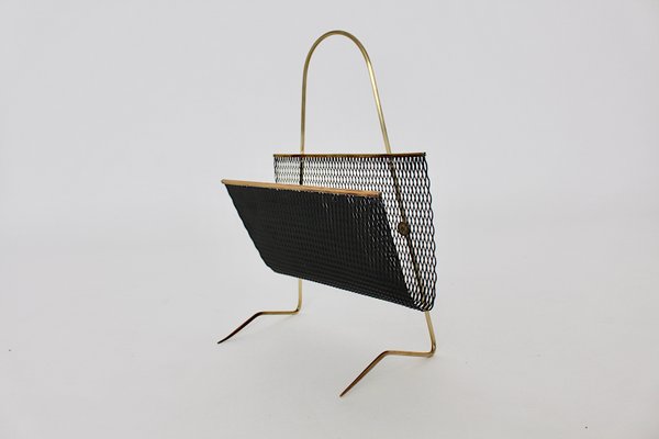 Mid-Century Brass Black Magazine Rack, 1950s-NB-687726