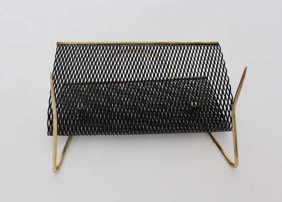 Mid-Century Brass Black Magazine Rack, 1950s-NB-687726