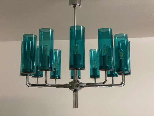 Mid-Century Brass & Blue Glass Model T434 12 Chandelier by Hans-Agne Jakobsson for Hans-Agne Jakobsson AB Markaryd-AX-801803