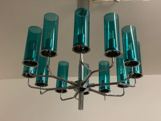 Mid-Century Brass & Blue Glass Model T434 12 Chandelier by Hans-Agne Jakobsson for Hans-Agne Jakobsson AB Markaryd-AX-801803