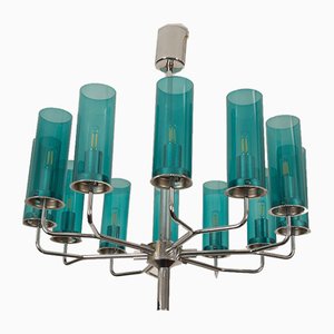 Mid-Century Brass & Blue Glass Model T434 12 Chandelier by Hans-Agne Jakobsson for Hans-Agne Jakobsson AB Markaryd-AX-801803