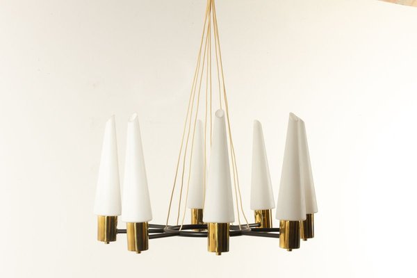 Mid-Century Brass Ceiling Lamp with Opal Glass Shades, 1960s-WIX-745814