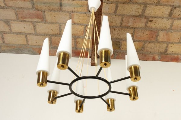 Mid-Century Brass Ceiling Lamp with Opal Glass Shades, 1960s-WIX-745814